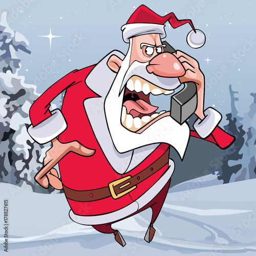 enraged cartoon Santa Claus screaming in the phone in the woods