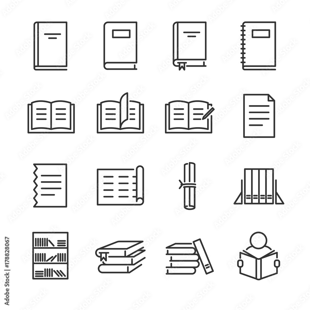 Fototapeta premium Books line icon set. Included the icons as book, study, learn, education, paper, document and more.