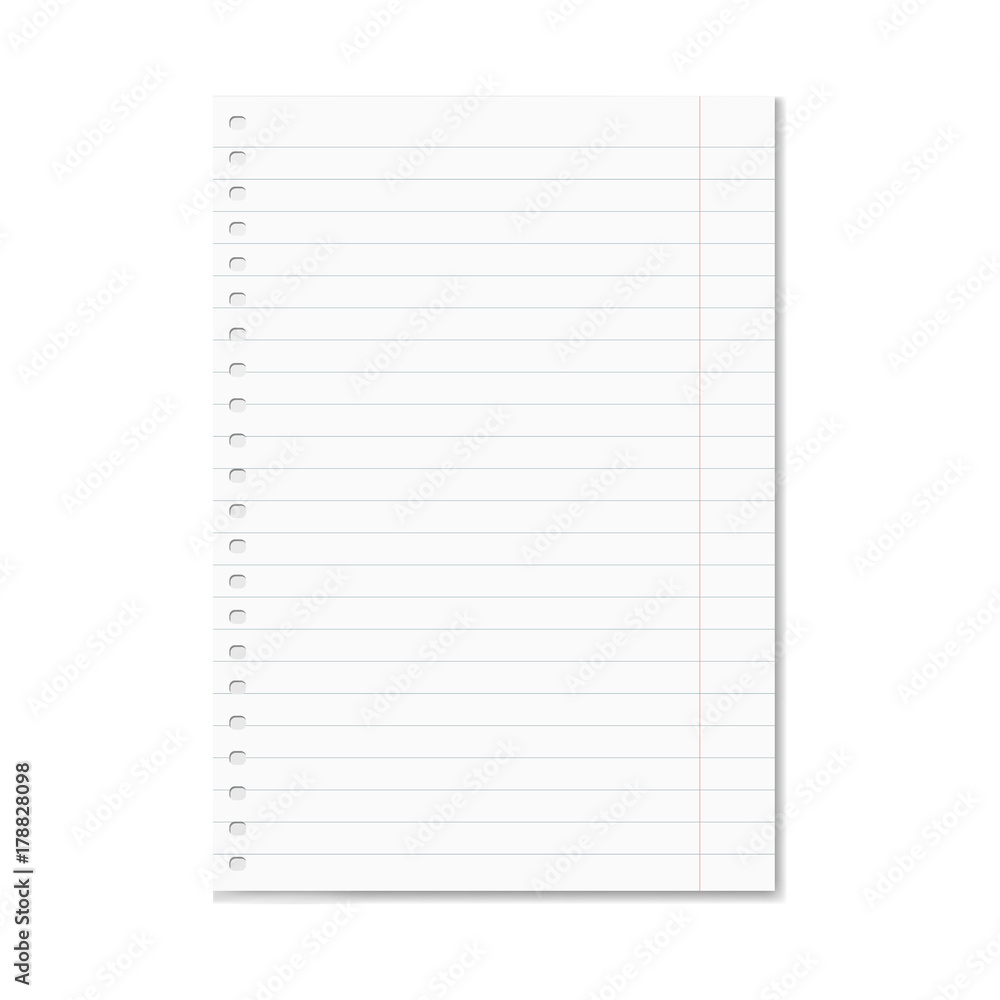 Blank realistic vector lined school notebook paper sheet with red margins and shadow. Copybook or exercise book clear ruled page with holes for spiral binder, mockup for your text Blank realistic vector lined school notebook paper sheet with red margins and shadow. Copybook or exercise book clear ruled page with holes for spiral binder, mockup for your text