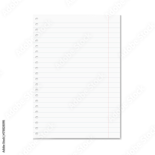 Blank realistic vector lined school notebook paper sheet with red margins and shadow. Copybook or exercise book clear ruled page with holes for spiral binder, mockup for your text