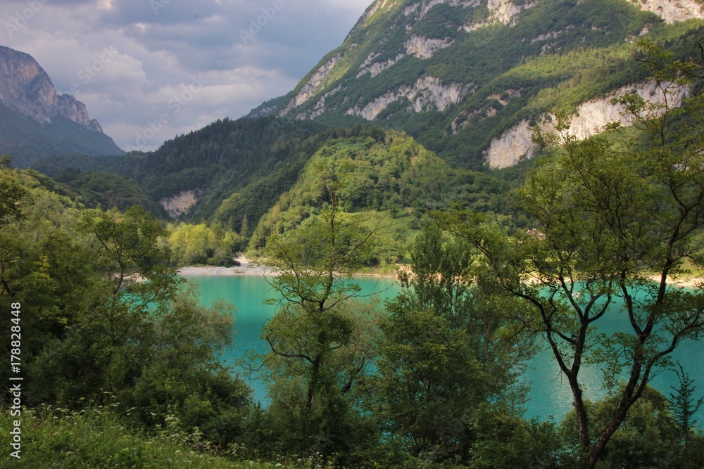 Foreshortening on Tenno Lake near Riva del Garda. Trentino, Italy