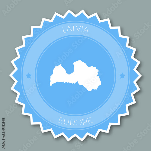 Latvia badge flat design. Round flat style sticker of trendy colors with country map and name. Country badge vector illustration.