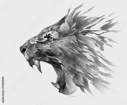 monochrome isolated stylized drawing of lion face side view