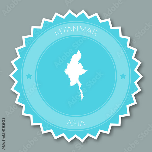 Myanmar badge flat design. Round flat style sticker of trendy colors with country map and name. Country badge vector illustration.