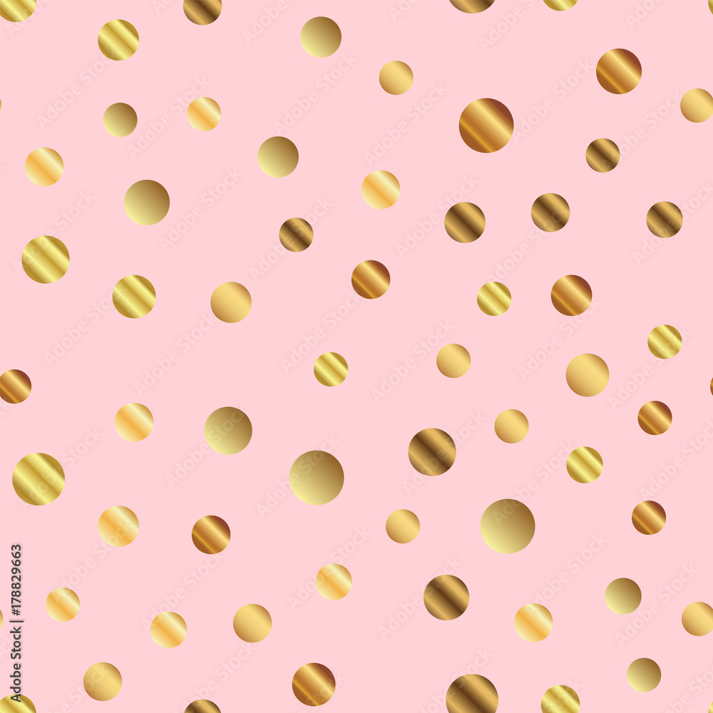Golden dots seamless pattern on pink background. Pleasant gradient golden dots endless random scattered confetti on pink background. Confetti fall chaotic decor. Modern creative pattern. Golden dots seamless pattern on pink background. Pleasant gradient golden dots endless random scattered confetti on pink background. Confetti fall chaotic decor. Modern creative pattern.