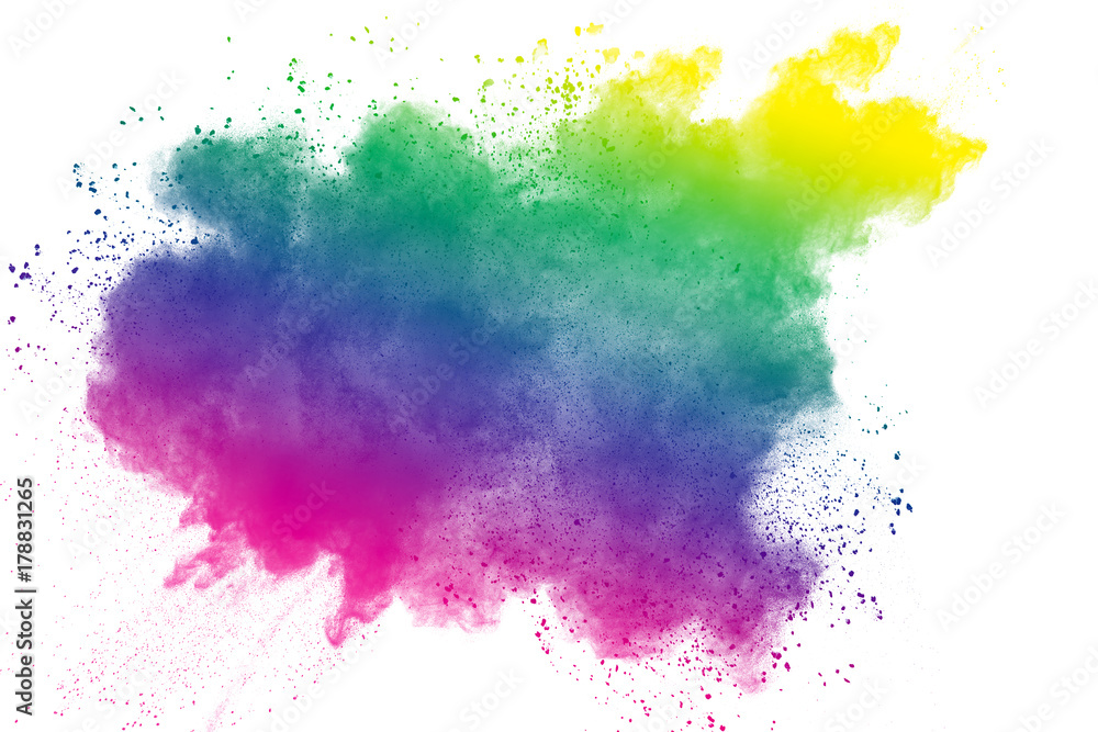 Multicolored powder explosion on white background.