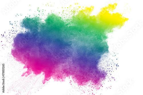 Multicolored powder explosion on white background. © Pattadis