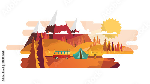 Flat Vector Landscape Illustration in Autumn. Countryside Vector Background.