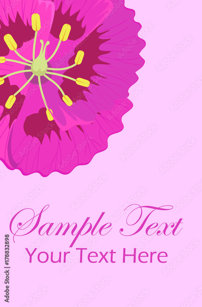 Greeting leaflet with purple viola flower in corner Greeting leaflet with purple viola flower in corner