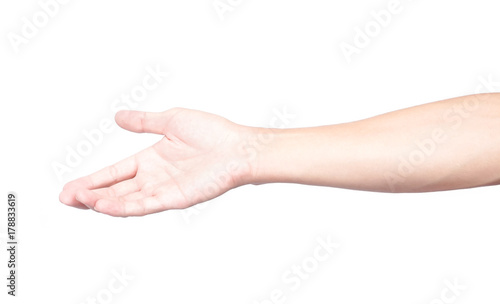 Man hands holding something on white background for product advertising concept © mraoraor