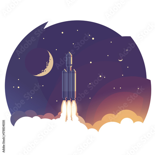 To the sky. Illustration of Rocket launch/flying above clouds. Vector.