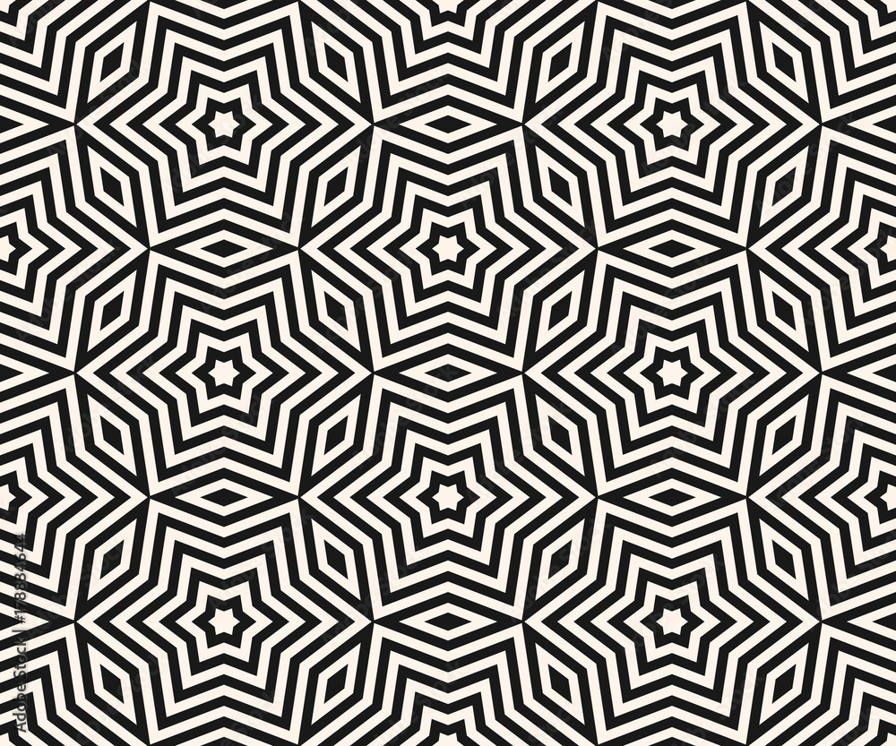 Vector geometric ornament seamless pattern. Black and white mosaic texture. Stars background.