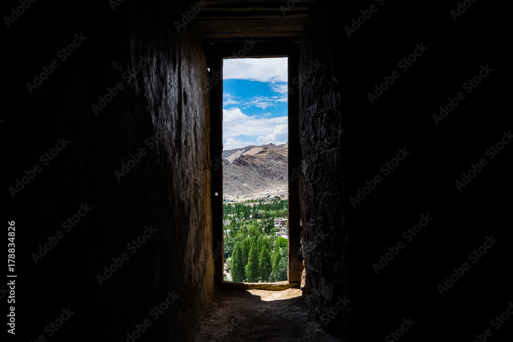 View through the window of Leh Palace in Leh district, Ladakh, in the north Indian state of Jammu and Kashmir.	