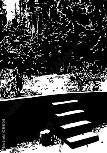 Ink illustration of winter forest with steps over a wal