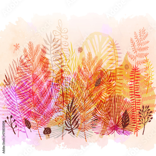 trendy autumn exotic leaves watercolor background. Vector botanical illustrat...