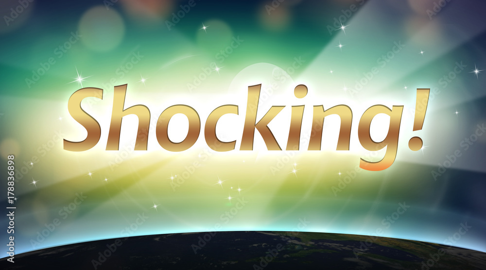 Shocking - futuristic golden text surrounded by green space background ...