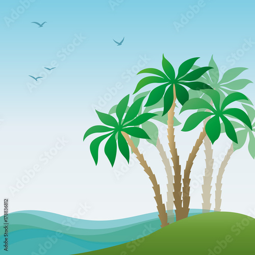 Exotic Landscape  Tropical Island with Green Palm Trees  Blue Sea with Waves and Birds in the Sky. Vector