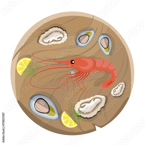 King Shrimp and Fresh Raw Oysters on Wooden Tray