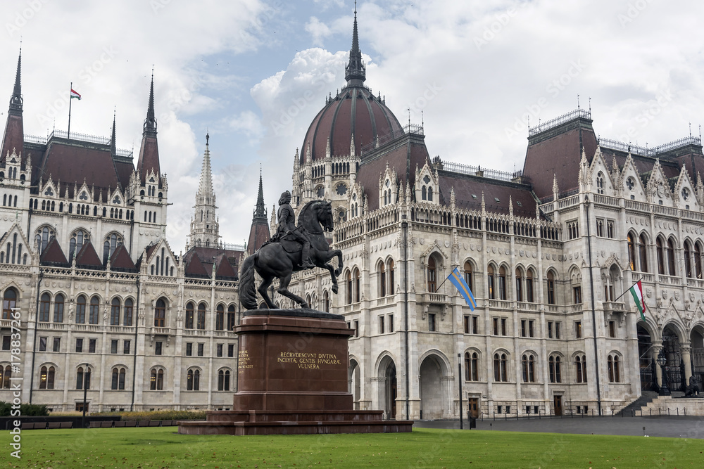 Statue of Ferenc Rakoczi against the background of the Parliament building in Budapest. Hungary