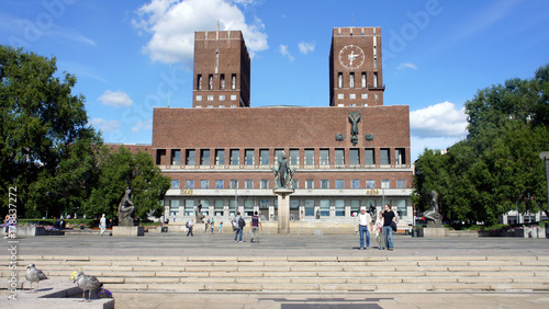 Photography Facade of city hall (radhus), sunny day, Oslo, Norway