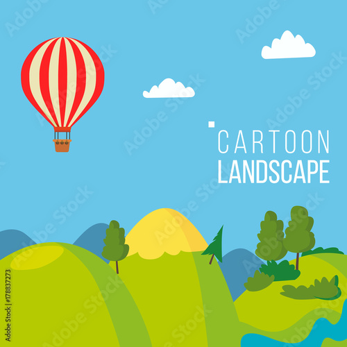 Cartoon Landscape Background Vector. Spring, Summer Season Meadow Landscape. Tree, Green Field, Clouds. Cartoon Flat Illustration