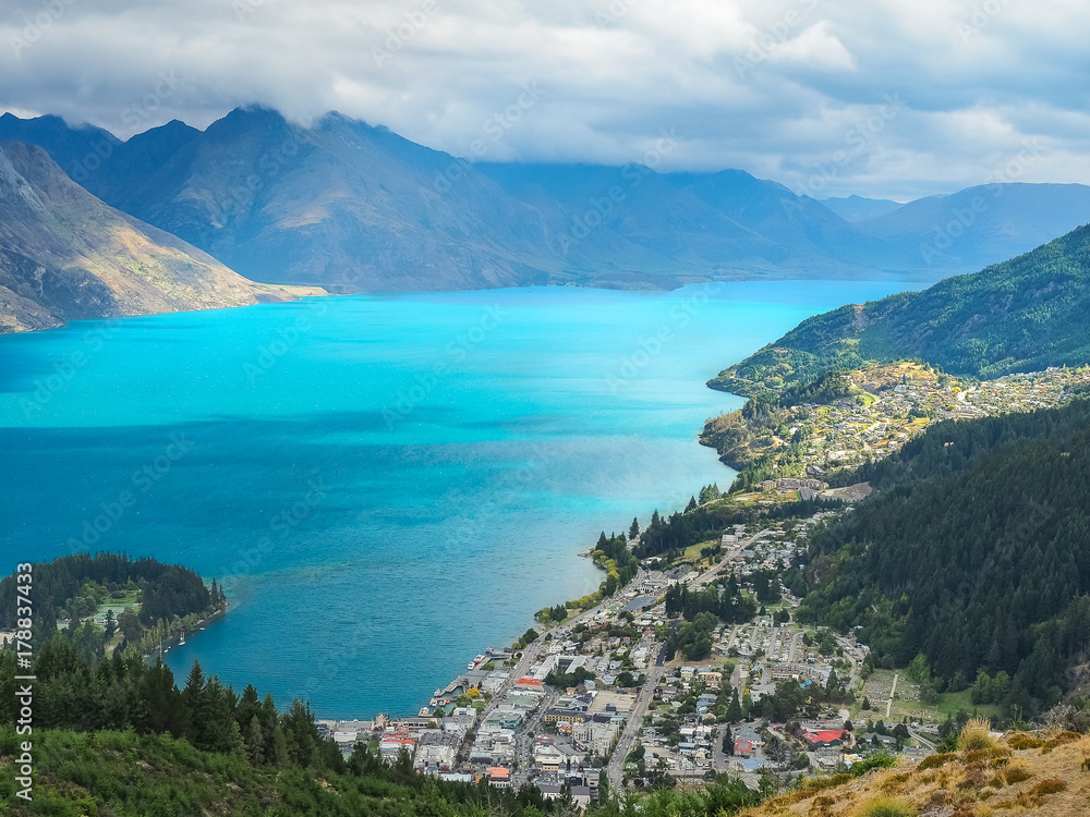 Aerial view of Queenstown from the top of Queenstown Hill. (New Zealand)