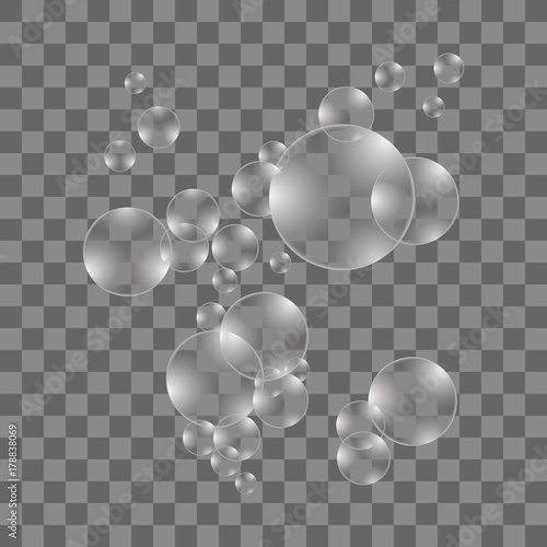 Vector illustration of soap bubbles on transparent background.