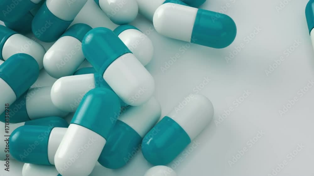 Close up at falling blue-white capsules.
Animation of a large amount of drugs. Close up at falling blue-white capsules.
Animation of a large amount of drugs.