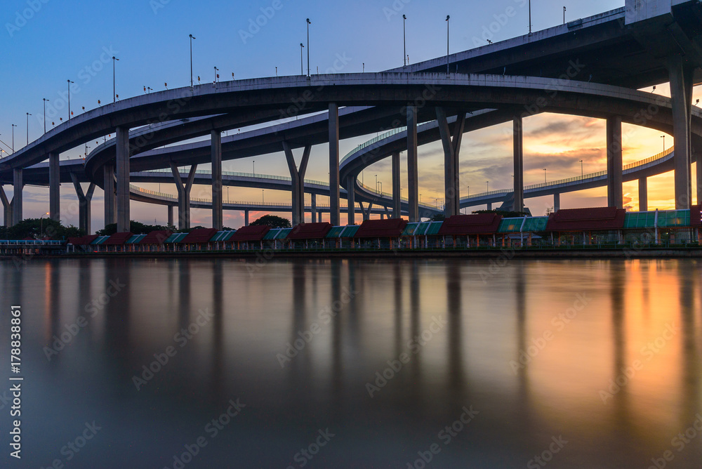 The Bhumibol Bridge with blue sky and sunset in the evening at Bangkok Thailand.