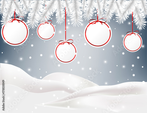Christmas card with balls and snow