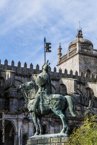 Equestrian statue of Vimara Peres next to Porto Cathedral (Se do Porto). Vimara Peres was a IX century nobleman from Kingdom of Asturias and first ruler of the County of Portugal. Porto, Portugal. photo