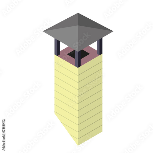 Classic solid brick chimney with raincoat in isometric perspective. Yellow chimney flue isolated on white background. Vector master illustration.