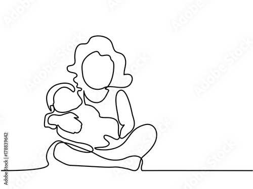Continuous line drawing. Happy toddler girl playing with her newborn baby brother. Vector illustration