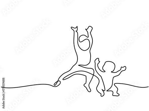 Continuous line drawing. Happy toddler girl playing with her newborn baby brother. Vector illustration