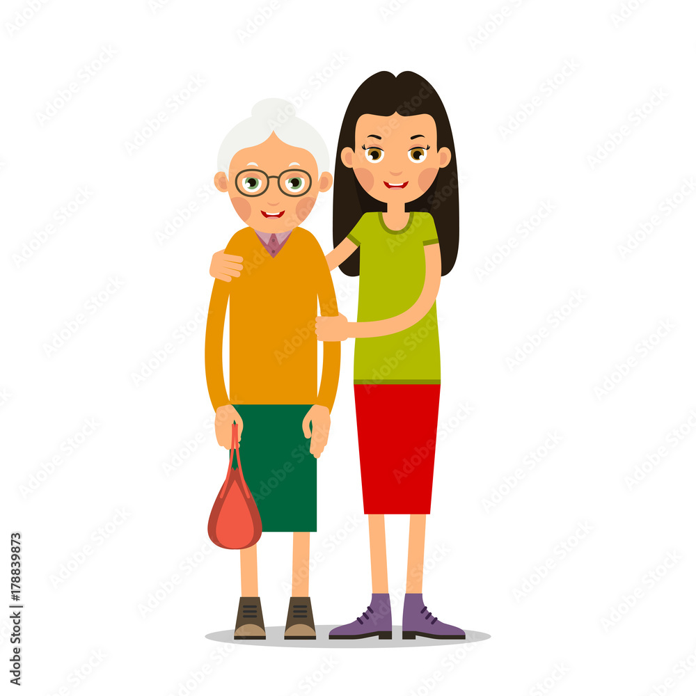 Young girl helps an old woman with a handbag hugging her and supporting her by the hand. Illustration in flat style. Isolated
