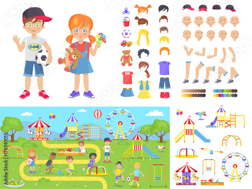 Little Children and Summer Playground Constructors