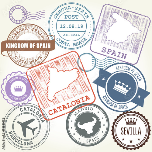 Travel stamps set Barcelona, Catalonia and Spain theme