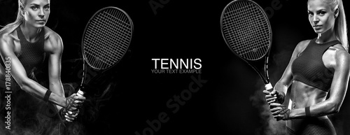 Sport concept. Sports woman tennis player with a racket. Copy space. Black and white photo. Tennis poster. © Mike Orlov