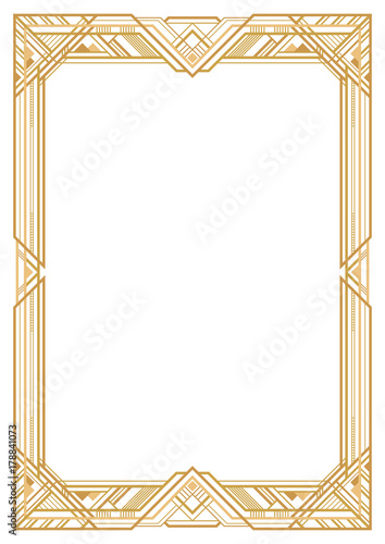 Rectangular golden retro frame, art deco style of 1920s. Transparent background. A3 page proportions.