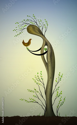 alive tree like a man with green heart inside holding the bird, save the tree and birds, tree like a bird,