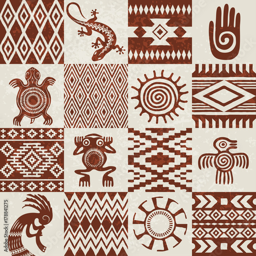 Pieces of American Indians ethnic patterns and symbols compiled in seamless texture. Removable grunge effect.