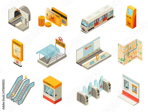 Isometric Metro Station Elements Set