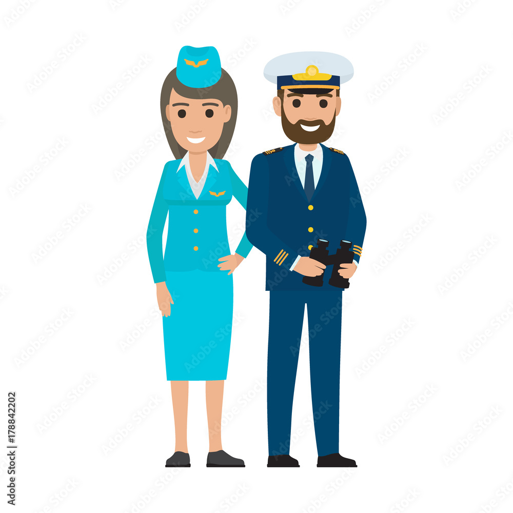 Stewardess in Cap and Sea Captain with Binoculars Stewardess in Cap and Sea Captain with Binoculars