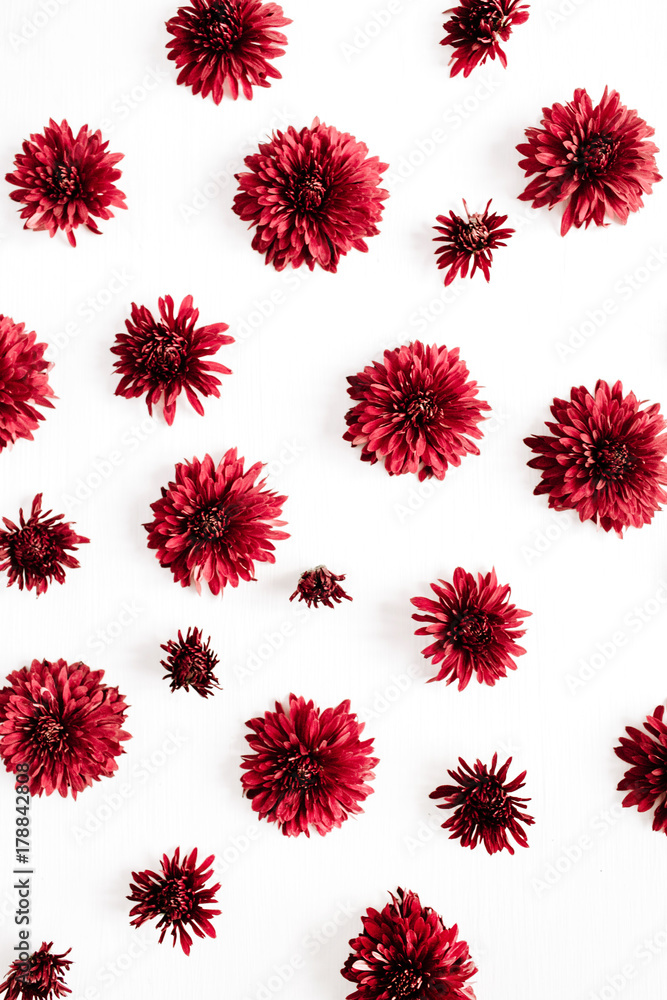 Red flower buds pattern. Flat lay, top view. Valentine's background. Flowers concept. Red flower buds pattern. Flat lay, top view. Valentine's background. Flowers concept.