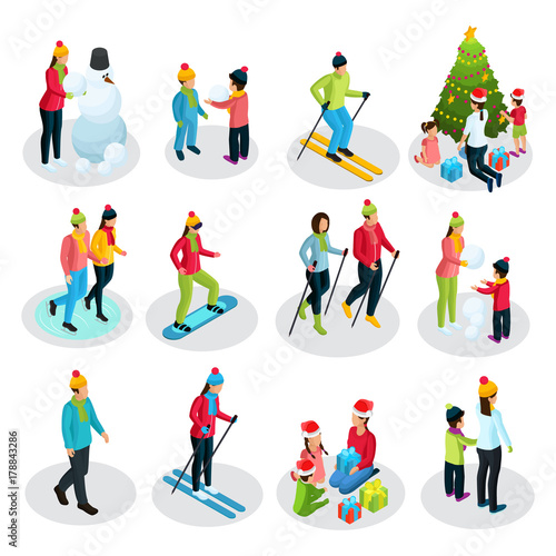 Isometric People On Winter Holidays Set