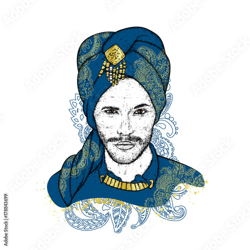 Beautiful sultan in a turban with patterns. Vector illustration. Oriental man. Fashion & Style.