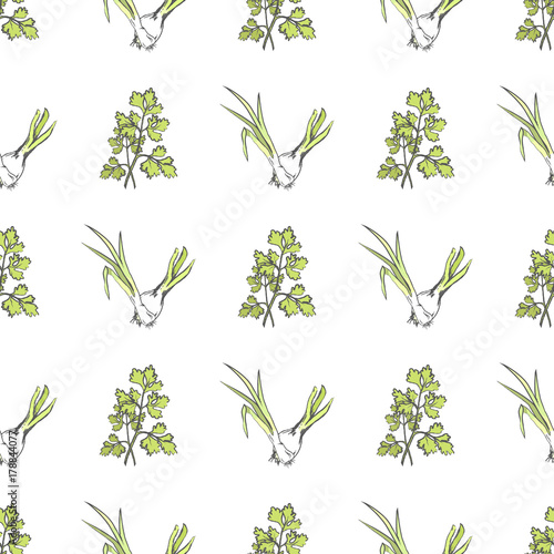 Young Green Onion and Parsley Seamless Pattern