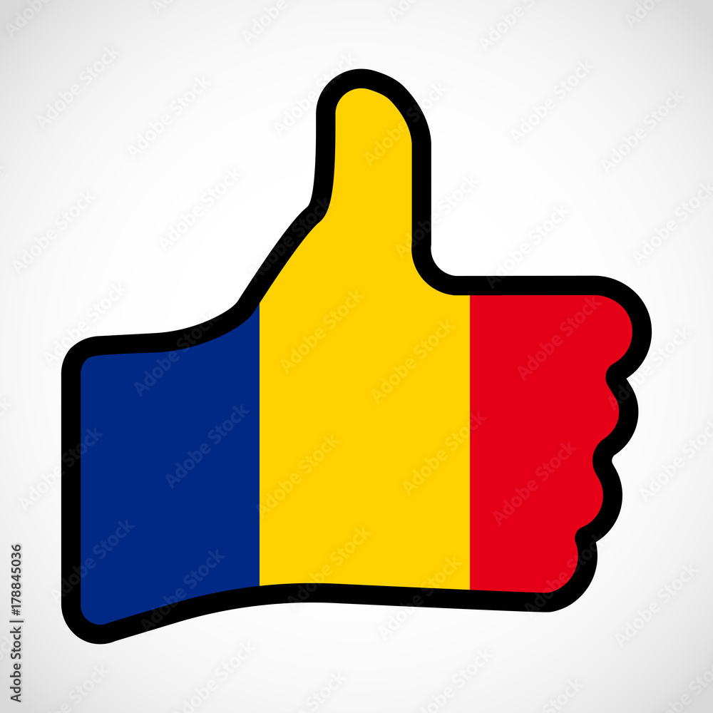 Flag of Romania in the shape of Hand with thumb up, gesture of approval, meaning Like, vector finger sign, flat design illustration. Flag of Romania in the shape of Hand with thumb up, gesture of approval, meaning Like, vector finger sign, flat design illustration.