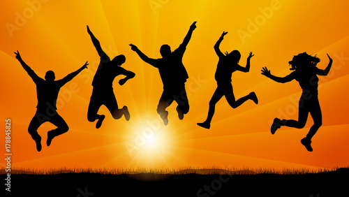 People friends jumping at sunset, silhouette vector