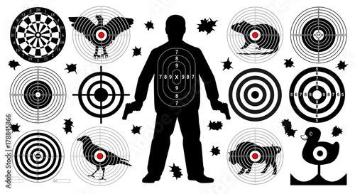 Target for shooting set, man with arms, shoot gun aim animals people man isolated. Sport Practice Training. Sight, bullet holes. Dartboard, archery. vector illustration.